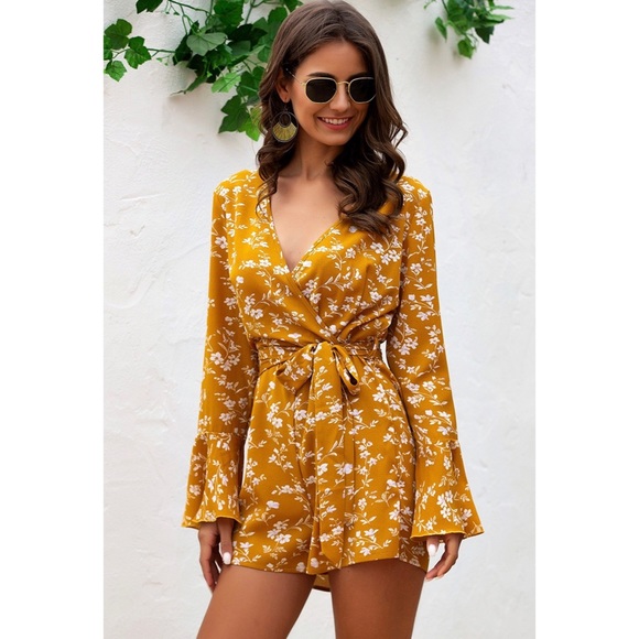 3/$40🎉 Mustard Yellow V-Neck Wrap Floral Romper - Picture 2 of 4
